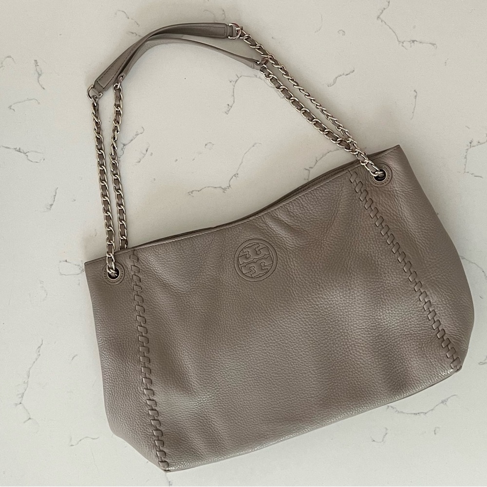Tory Burch Tote Bag Womens Purse Marion Chain Slouchy French Gray Leather